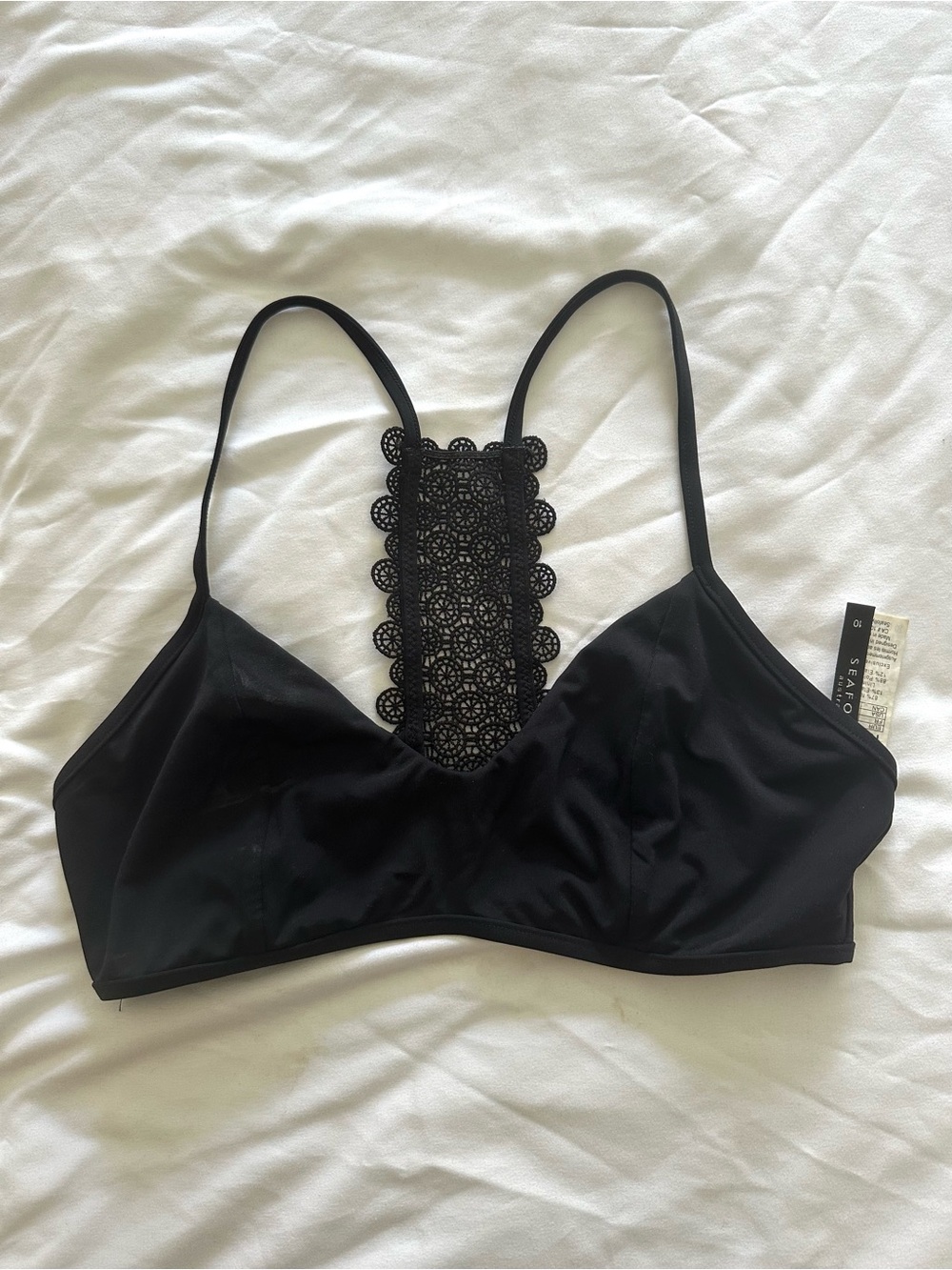 SEAFOLLY Anthropologie Black Lace Back Swimsuit Top NWOT Size 6